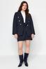 Women's Fashion New Big Size Jacket Navy Blue Striped Button Detailed Woven Jacket