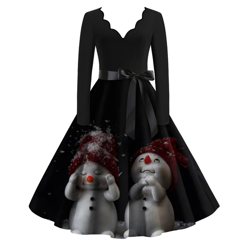 Женские модные повседневные тонкие рождественские платья с длинным рукавом с v-образным вырезом и принтом