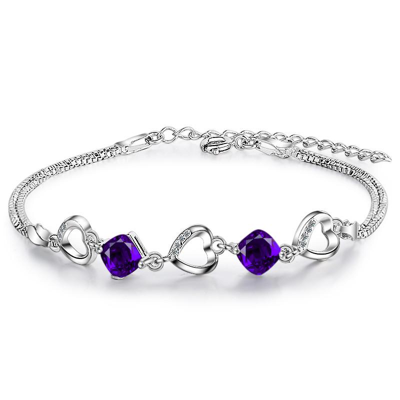 New Fashion 925 Sterling Silver Women Bracelets Jewelry Charm Crystal Purple Heart Female Anklets Bracelets Accessories