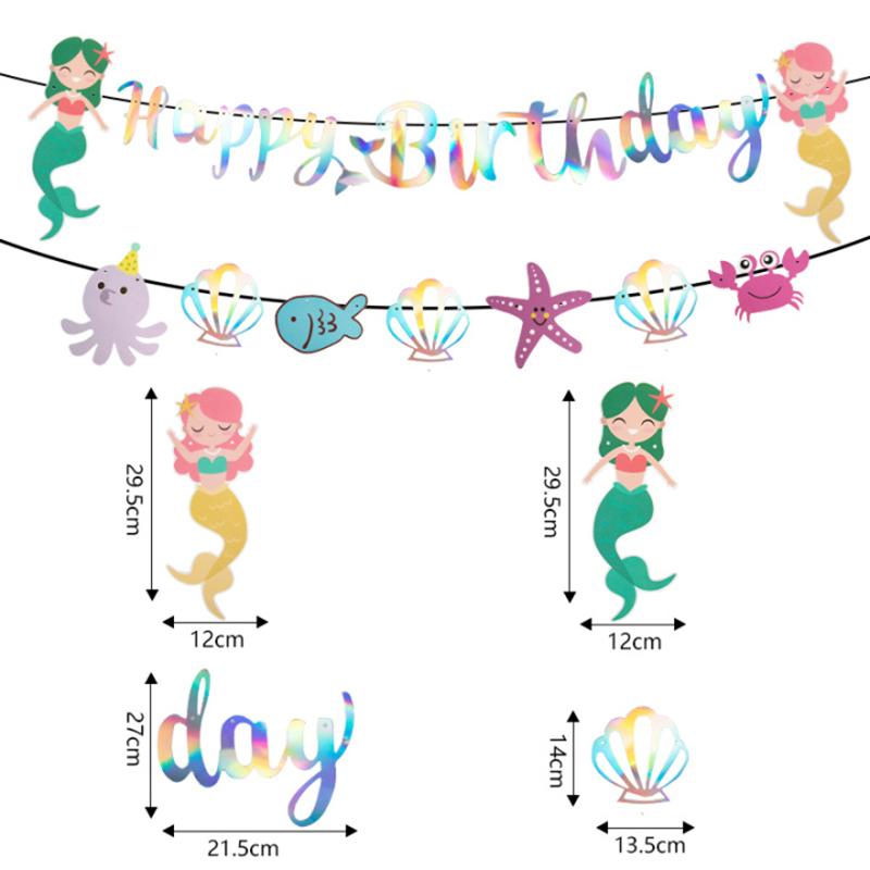 Happy Birthday Banner Mermaid Party Decor Mermaid Tail Shell Bunting Garland Girl First Birthday Party Decoration Baby Shower