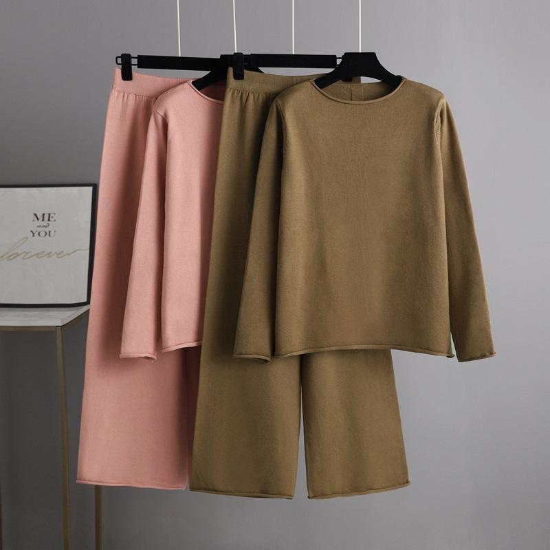 Осенне-зимний вязаный широкий брючный костюм женский однотонный комплект из двух предметов