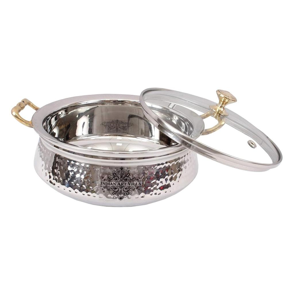 Stainless Steel Hammered Design Handi/Bowl/Casserole with Toughened Glass Lid & Brass Knob & Handles, Volume-400 Ml