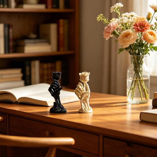 Rose Skeleton Hand Sculpture, 3D Printed Gothic Design Artistic Desktop Decoration, Unique PLA Ornament for Graduates Day Home Decor