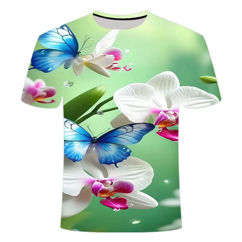 Summer New Beautiful Flower Pattern 3D Printed T-shirt Trendy Fashion and Versatile Short Sleeve for Primary and Secondary School Students