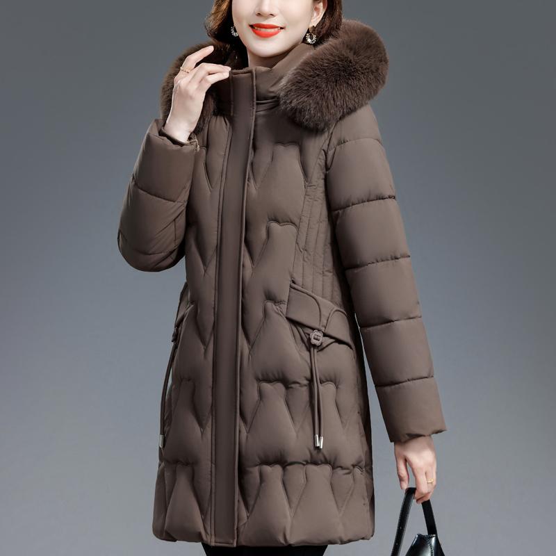 Middle Age Woman Winter Coats Hooded Faux Fur Collar Casual Thick Warm Long Parkas Women's Jackets