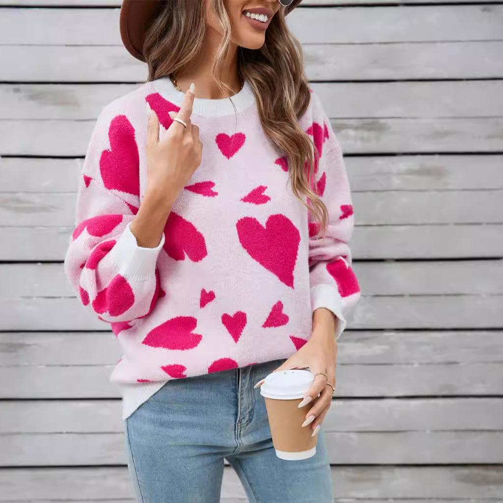 Winter Women's Sweater Love Valentine's Day Pullover Large Peach Heart Color Clash Sweater