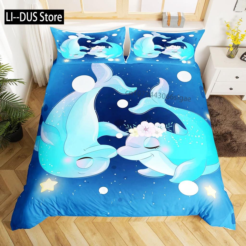 Galaxy Bedding Set Dolphin Comforter Cover for Kids Adult Duvet Cover Sea Creatures Bed Cover Starry Sky Blue Room Decor 3Pcs
