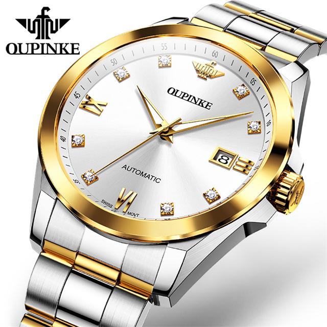 OUPINKE Swiss Mechanical Movement Watch Luxury Real Diamond Watches For Man 50M Waterproof Calendar Man Hand Clock 3199
