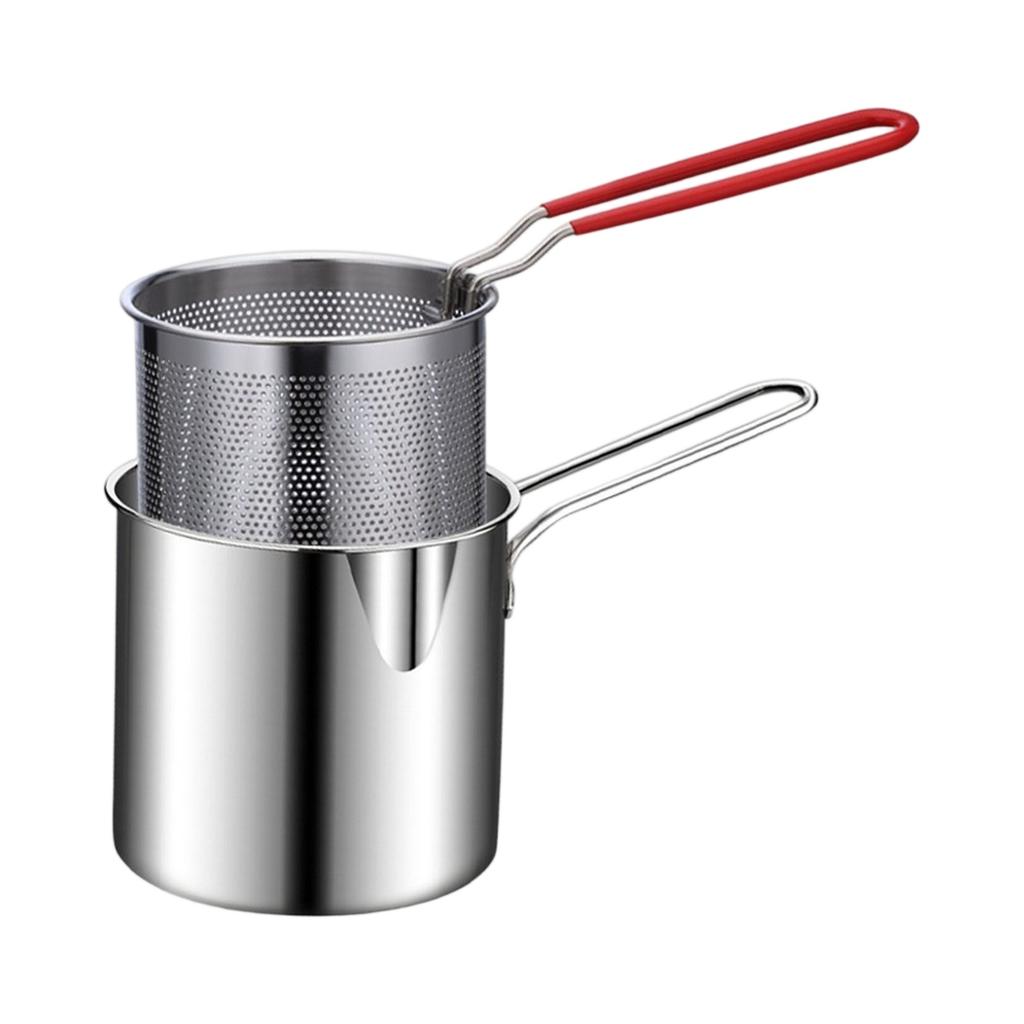 Stainless Steel Deep Fryer , Household Oil Pan with Small Skewer & Strainer, Compact Deep Fryer for Home Kitchen Food