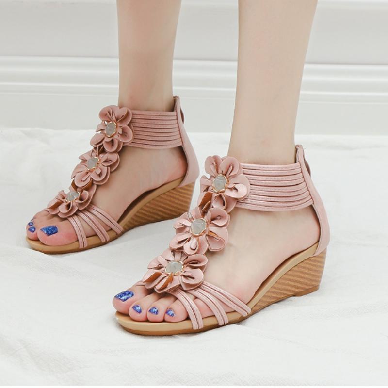 Summer Women Sandals Wedge Vintage Bohemia Ladies Sandles Soft Comfortable Roman Ladies Flowers Shoes Plus Size Zapatos Mujer
