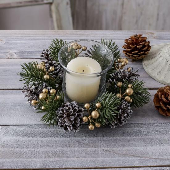 Christmas Candle Ring Artificial Pine Needle Pinecone Berries Garland Rustic Festive Candle Wreath for Home Table Centerpiece Decor