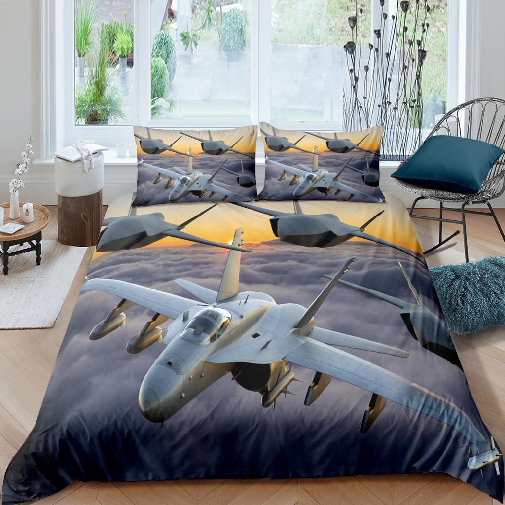 3D Aircraft Bedding Set, Transportation Tools, Quilts, Pillowcases, 2/3 Pieces, DE135 * 200, Boys' Room, Full Size, Soft, Zippered Bedroom Decoration