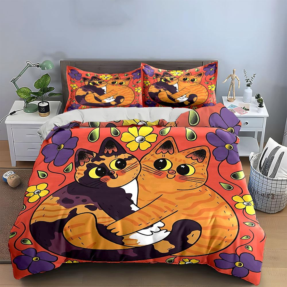 Hugging Cats with Floral Pattern Bedding Duvet Cover Set Duvet Cover Pillowcases (1*Duvet Cover 2*Pillowcases, without duvet insert)