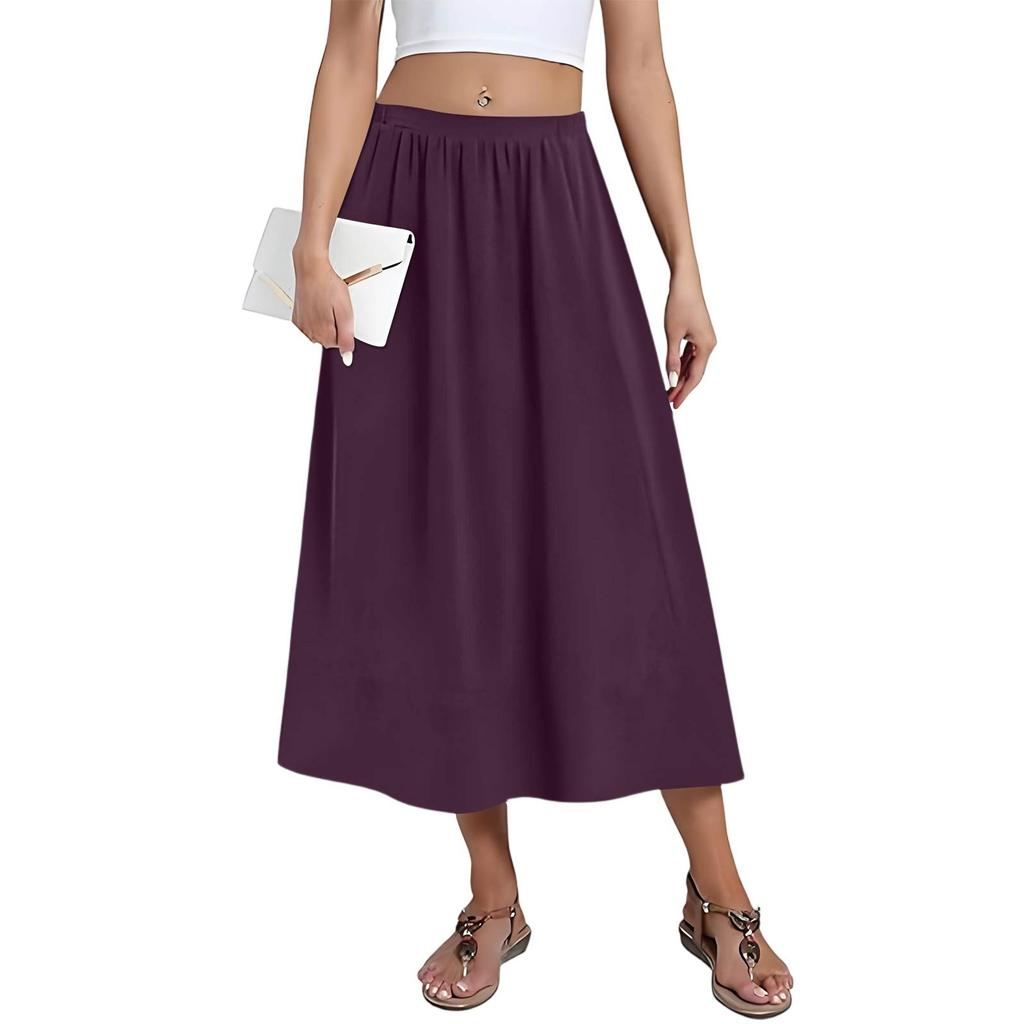 Women's Casual Fashion Solid Colour Big Hem Skirt Elasticated Loose Pockets Pleated Half-body Skirt (With Side Pockets)
