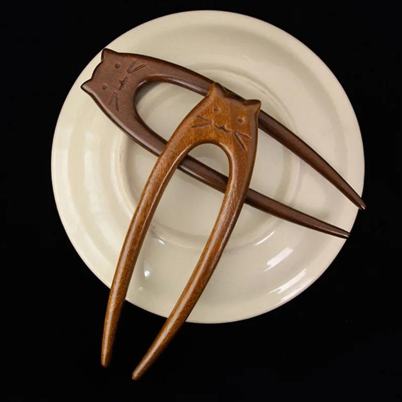 Деревянная заколка для волос с узором «Художественные кошки» Уникальная вилка для волос Этнический стиль Заколка для волос для женщин и девочек Этнические аксессуары для волос