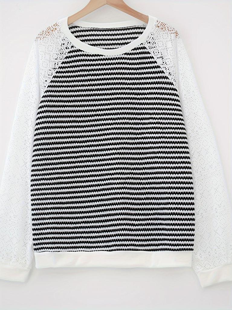 Европейская и американская женская повседневная футболка 2025 года, однотонная, с кружевом, длинным рукавом, вырезами, круглым вырезом