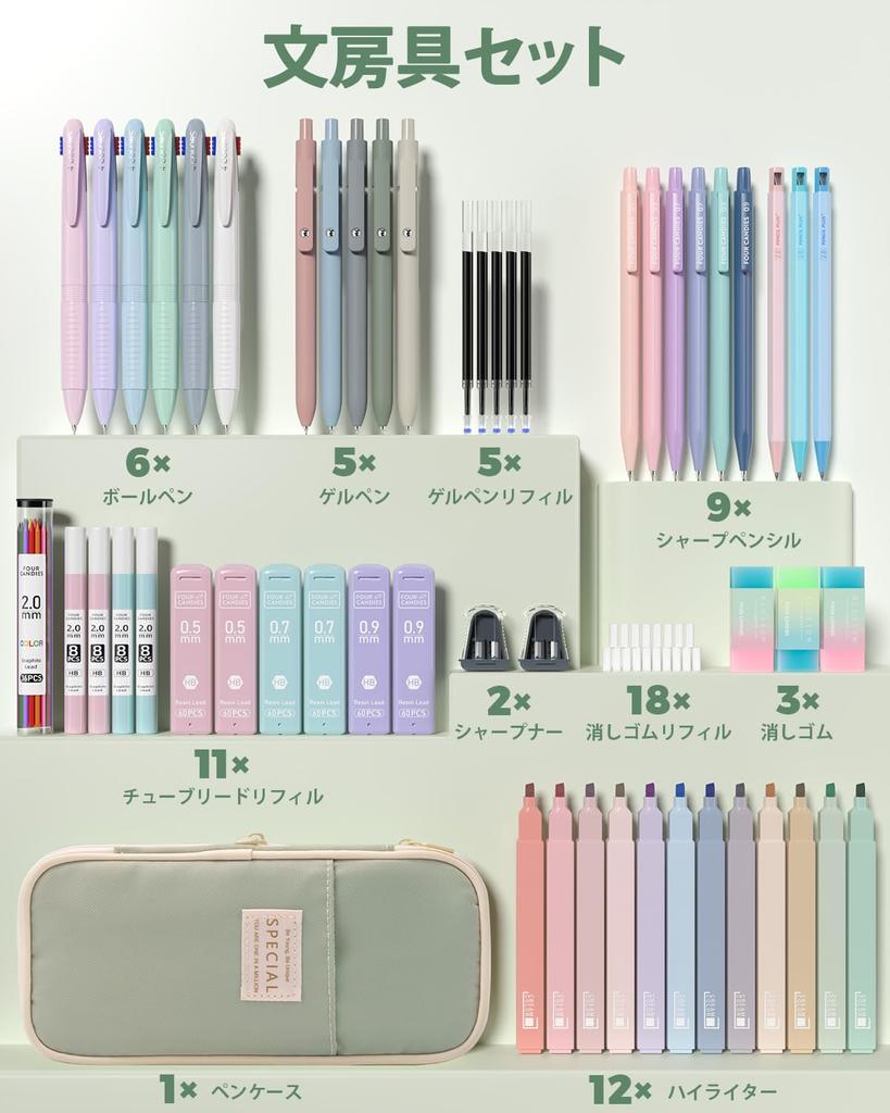 Four Candies Канцелярские принадлежности Набор из 56 предметов 4 цвета Шариковая ручка Механический карандаш Флуоресцентный гель Шариковая ручка Футляр для ручки Запасной стержень Канцелярские принадлежности для письма