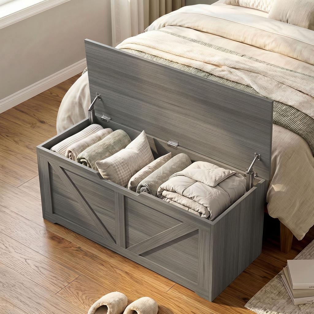 127L Home Storage Box With Safety Hinges Dark Grey Wood Effect