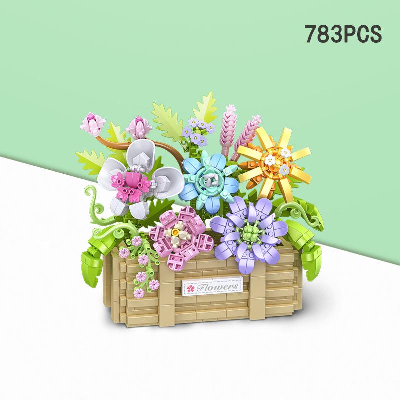Diy Sunflower Rose Bouquet Potted Plant Creative Flower Basket Assembly Of Building Brick Set Home Decoration Children Gift