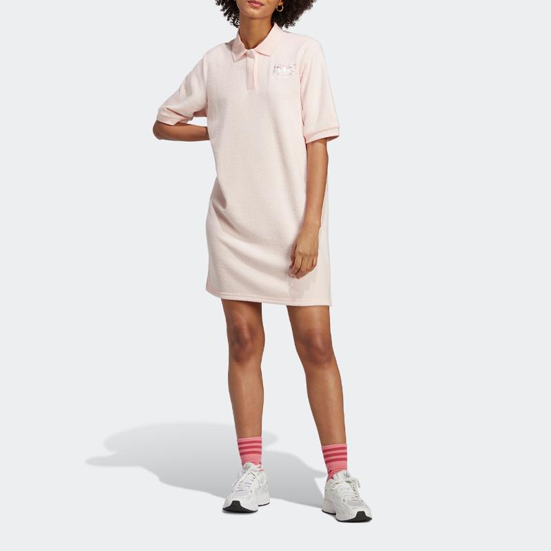 Adidas Оригинальное жаккардовое спортивное свободное платье с короткими рукавами и цветочным принтом трилистника, женское платье ледяного цвета IP3754