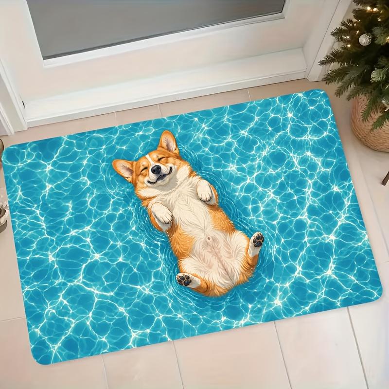 1pc Pool Lying Corgi Flannel Mat, Bathroom Toilet Entrance Water-Absorbing Anti-Slip Foot Mat Foyer Entrance Door Mat Kitchen Bedroom Cartoon Cute Car