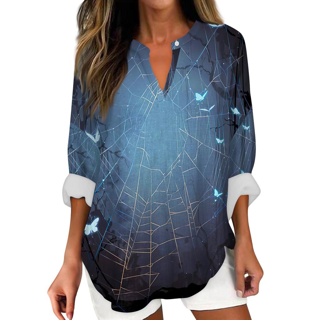 Женские модные повседневные женские топы с v-образным вырезом и длинным рукавом с принтом на Хэллоуин