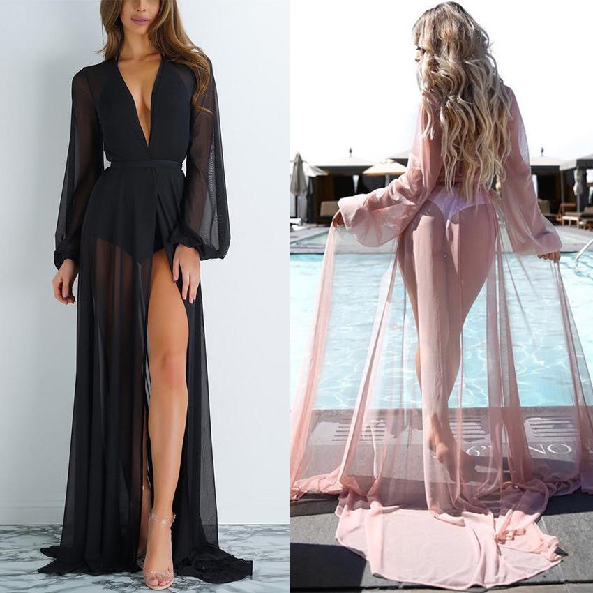 Summer Women Sexy Chiffon See-through Bikini Long Cover Up Swimsuit Swimwear Beach Dress Bathing Suit