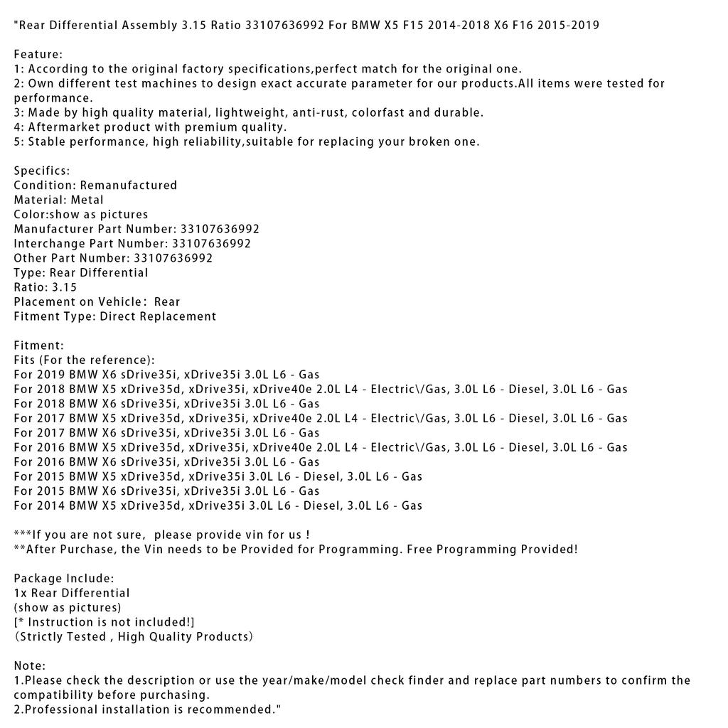 Rear Differential Assembly 3.15 Ratio 33107636992 For BMW X5 F15 2014-2018 X6
