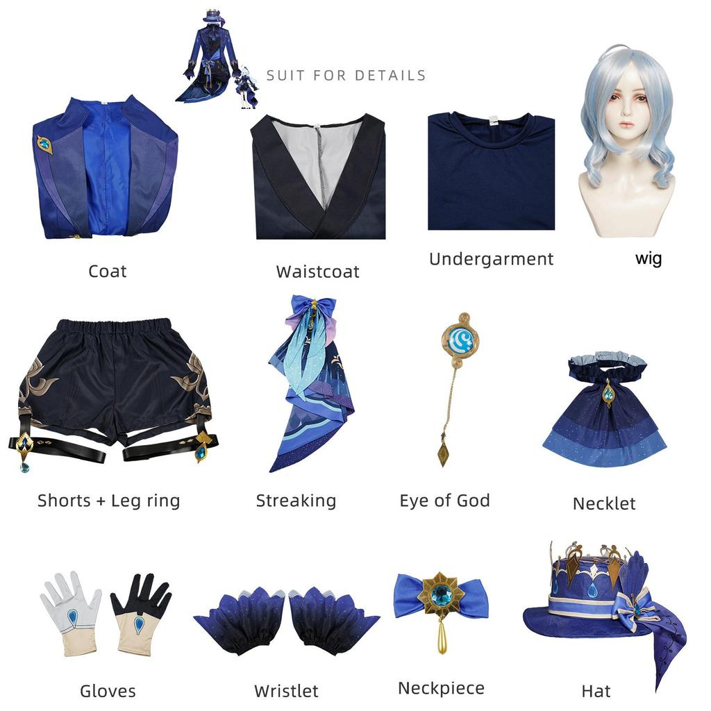 Игра Genshin Impact Focalors Косплей Шляпа Парик Волосы Полный комплект Карнавальное женское платье Униформа Костюм Экипировка Ролевая игра Маскарад Водный Бог
