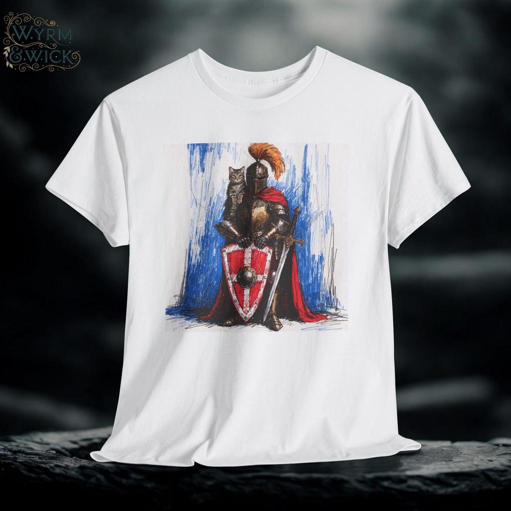 Medieval Knight Cat T-Shirt | Hand-Drawn Feline Knight Illustration Tee