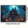 Ghost House Halloween Background Cloth - Non Electric Party Decoration Banner with Manor Pumpkin Lantern  Full Moon  and Bats