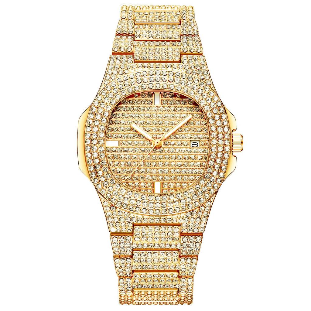 Women's Diamond-Studded Gold Fashion Square Watch with Rhinestone Calendar & Steel Band