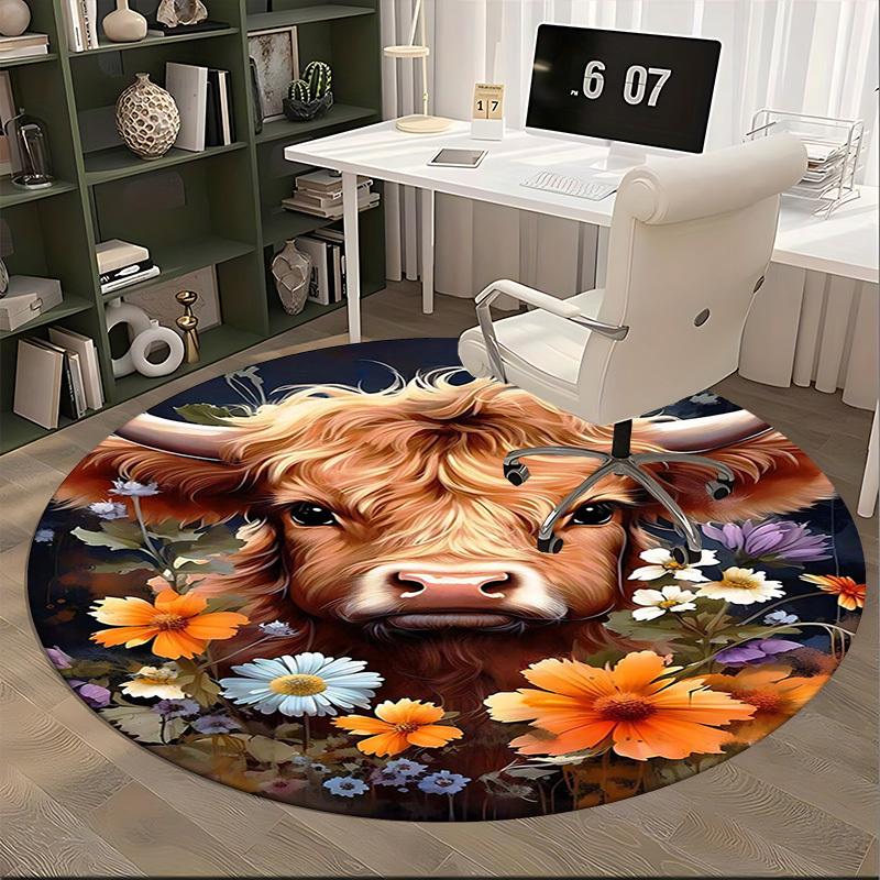 1pc Highland Cow with Flowers Round Carpet Anime Design Chair Mat for Office, Home Decor, Living Room, Bedroom, Game Room, Non Slip Rug