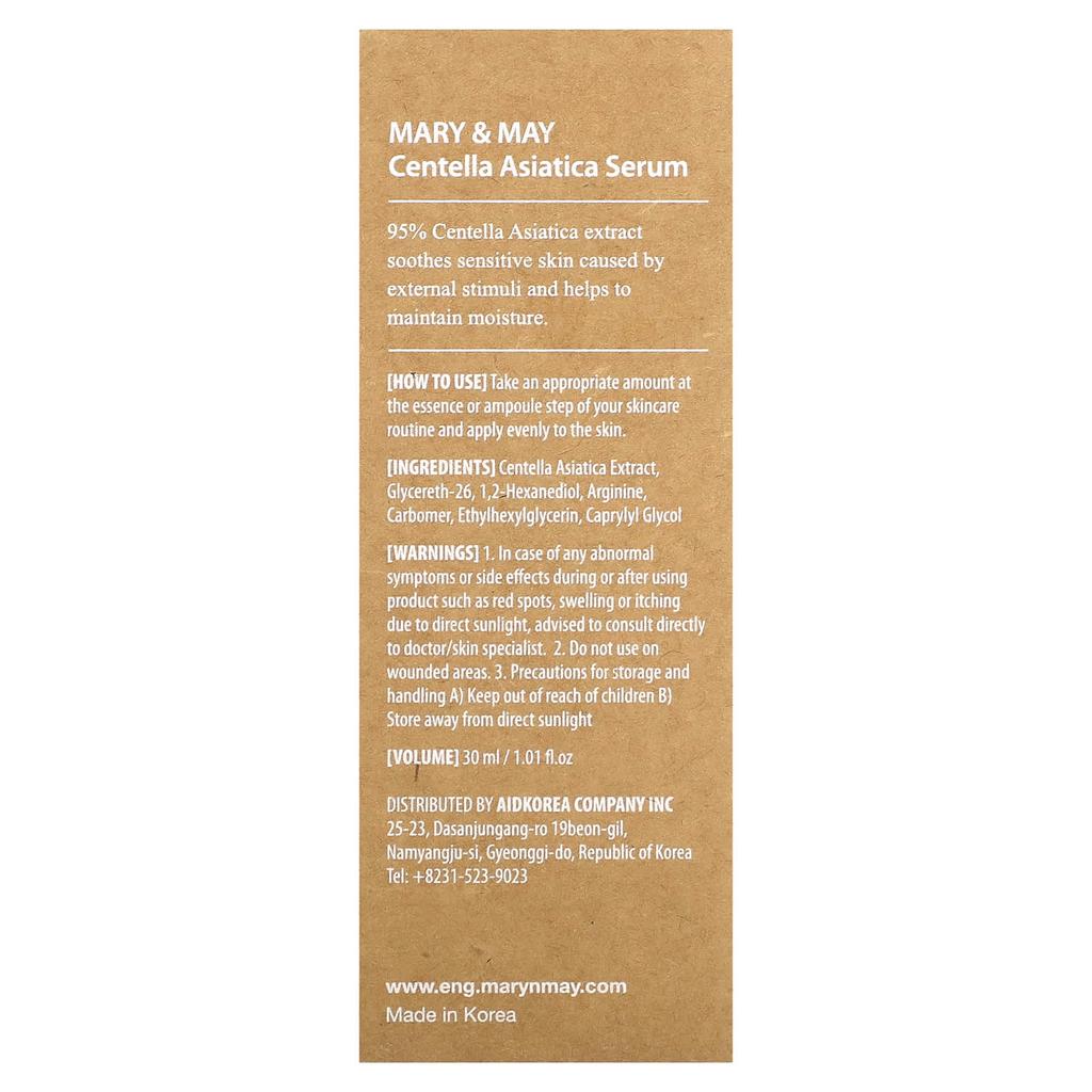 Mary & May Centella Asiatica Serum, Fragrance Free, 30 Ml (1.01 Fl Oz)