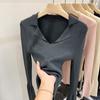 Французский элегантный трикотажный топ с V-образным вырезом, женские осенние тонкие стильные уникальные шикарные однотонные пуловеры, модные дизайнерские базовые повседневные рубашки поло, зима