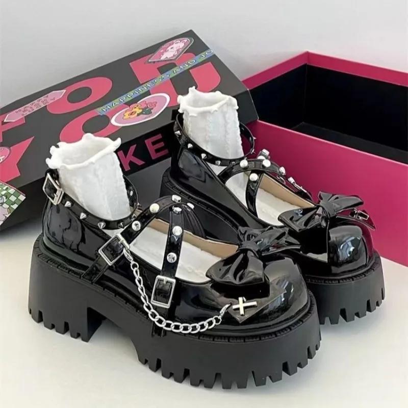 Fashion Women's Mary Jane Shoes Lolita Solid Color Spring 2024 Hot Sale Fashion Butterfly Knot Outdoors Thick with Non-slip Female Shoes