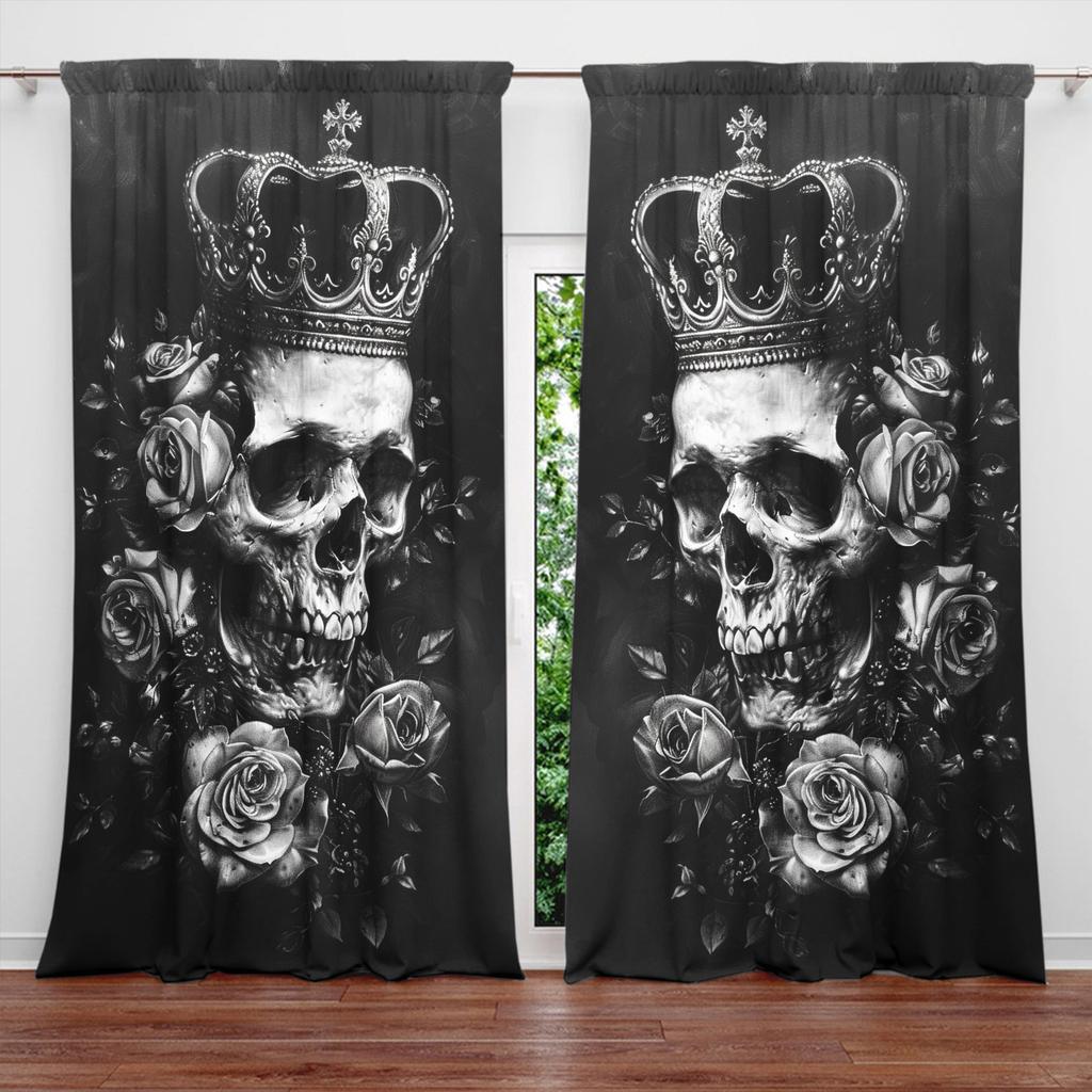 2pcs Gothic Black Rose Skull  Printed Curtain for Home Decor - Rod Pocket Window Treatment for Bedroom, Office, Kitchen