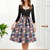 Women's Fashion Round Casual Slim Fit Christmas Print Large Swing Long Sleeve Dress