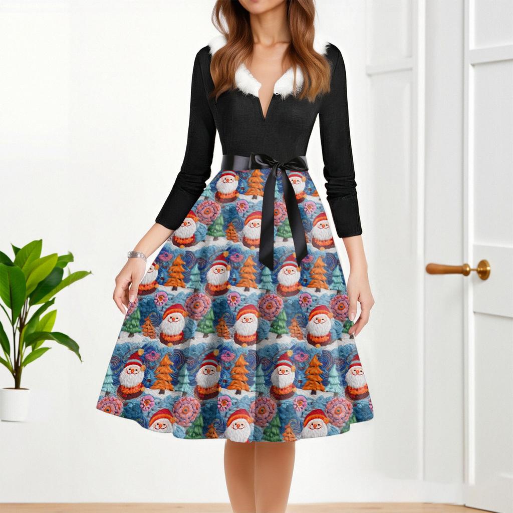 Women's Fashion Round Casual Slim Fit Christmas Print Large Swing Long Sleeve Dress