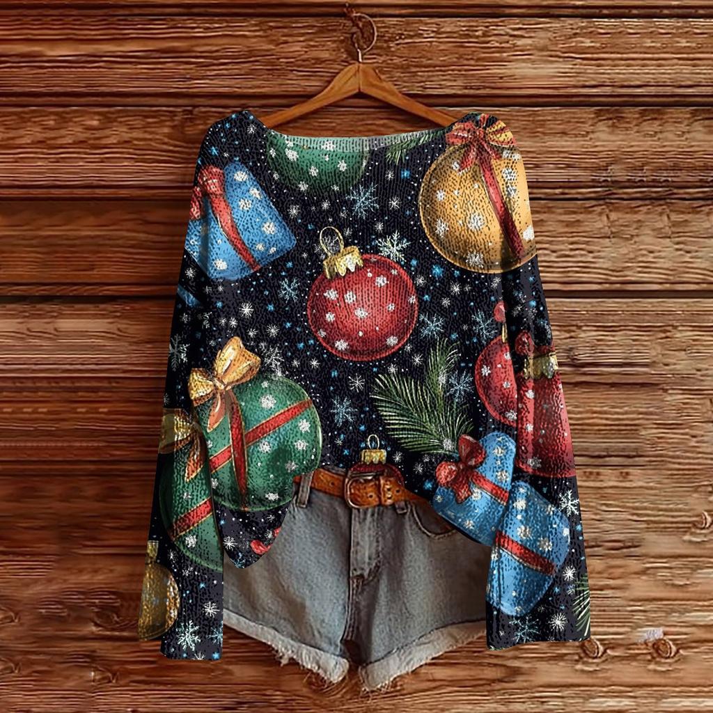 Women's Christmas Print Lightweight Sweater Casual Long Sleeve Knitted Pullover