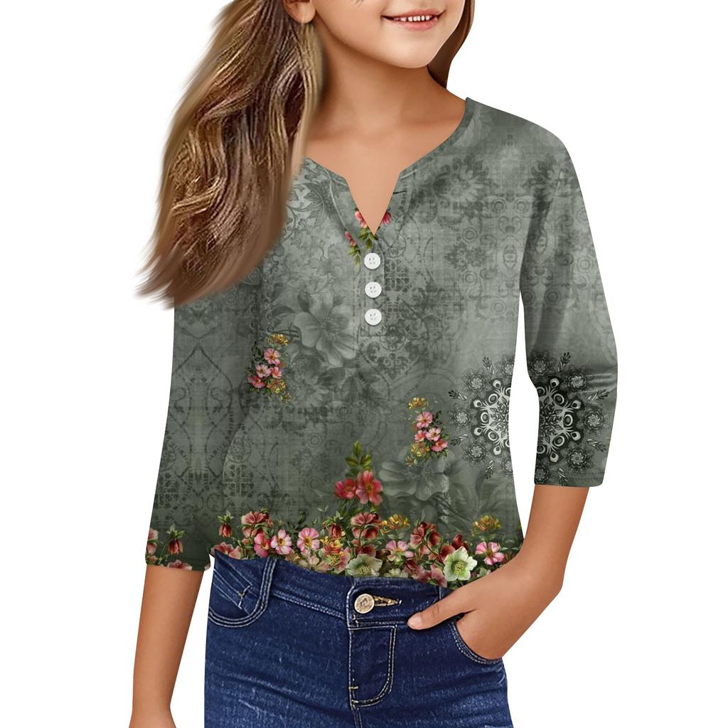 Повседневные модные топы для девочек с принтом, футболка с семью рукавами и пуговицами