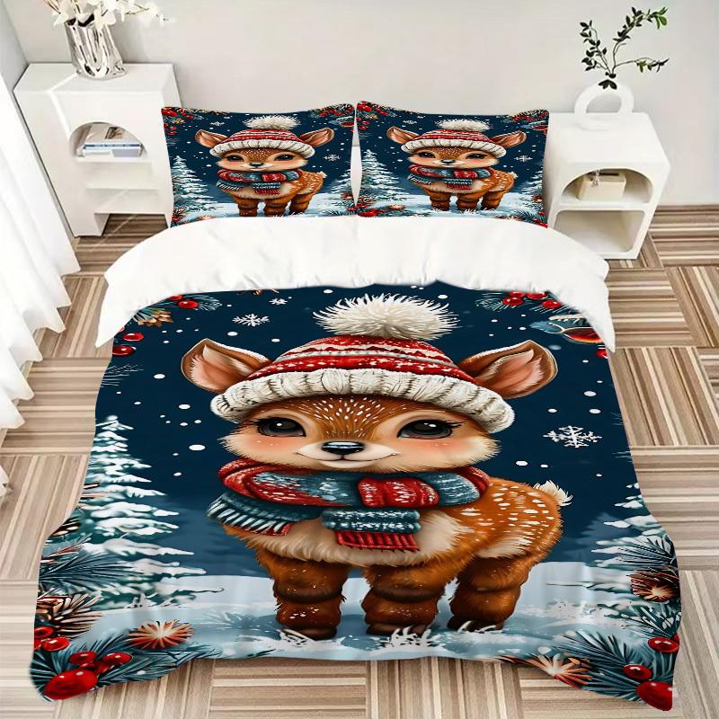 3pcs Winter Christmas Deer Bedding Set, Includes Without Pillow Inserts, Soft Comfortable Bedding Set,All-Season Use a0924002