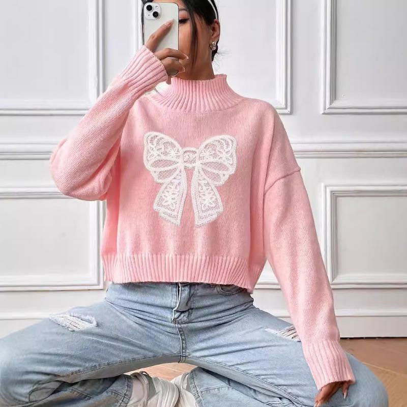 Women's Short High Neck Pullover Bow Embroidery Patchwork Sweater
