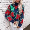 Autumn Winter Vintage Loose Long Sleeve Top Print Cardigan Knitwear Stand Collar Sweater