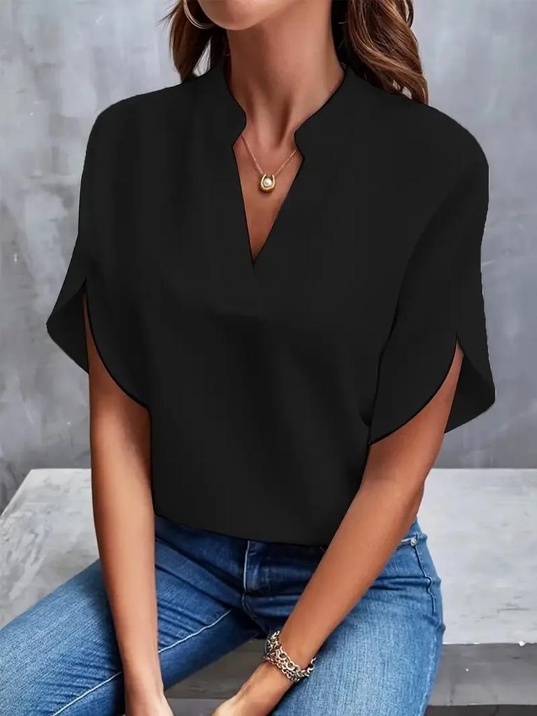 New Summer Women's Elegant Commuting Shirt Simple Solid Color Fashion V-neck Short Sleeved Shirt Loose Casual Holiday Shirt