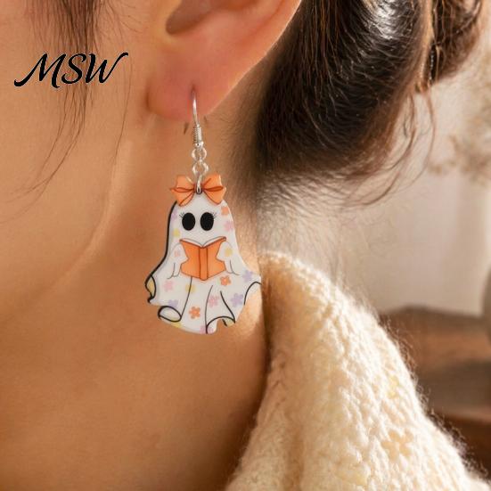 Hypoallergenic Alloy Hooks Cute Reading Ghost Earrings, Sweet Bowknot Drop Fashionable Earrings Lightweight Acrylic Halloween Jewelry for Women Girls
