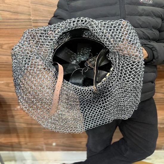 Medieval Viking Helmet Norse Warrior Armor Helmet with Chainmail  18 Gauge Steel  Brass, Polished Finish