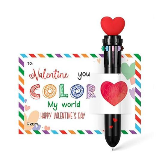 Valentine's Day Pen Card Gift Set Multicolor Ballpoint Pen with Heart Message Cards Retractable Colorful Pen for Students Classmates Office Exchange