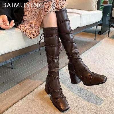 Женские сапоги с квадратным носком, дизайнерские туфли на высоком каблуке, женские туфли, зимние сапоги челси до колена, модный тренд 2024 года, кожаные ботинки Botas De Mujer