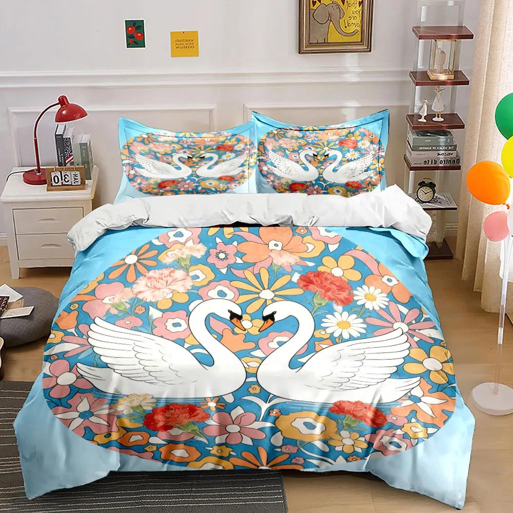 "Romantic Swan Floral Decor Set" Soft Comfortable Duvet Cover Bedding Set Included 1*Duvet Cover & 2*Pillowcases, gift